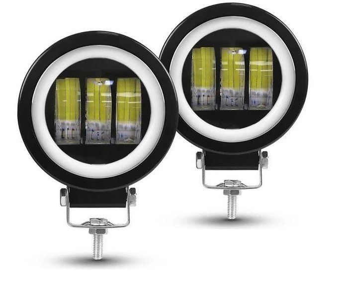 Комплект LED фар (2 шт.) 3 лінзи кругла + Ангельські очі + фари з лінзою і світлотіньовий кордоном! 30W 12-24V  L-30W-3 Лінзи -K фото